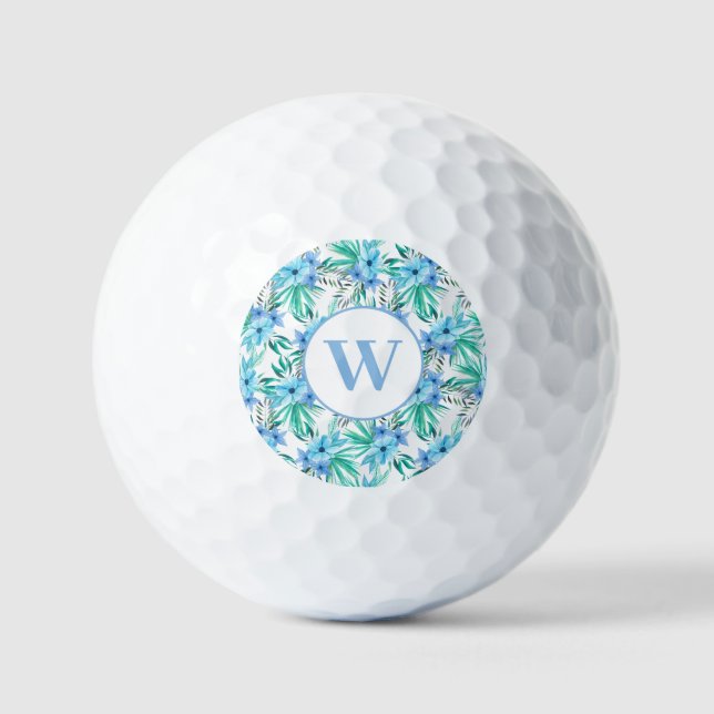 Balles De Golf Monogramme Bleu Tropical Floral (Recto)