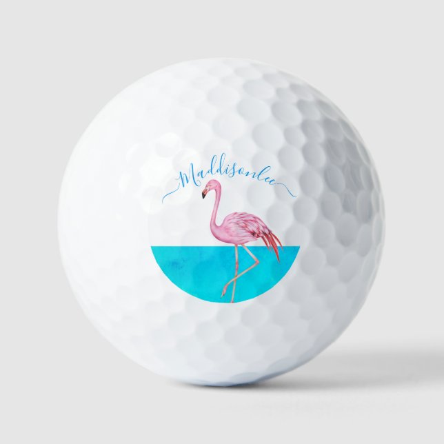 Balles De Golf Monogramme bleu tropical Nom Flamant rose rose noi (Recto)