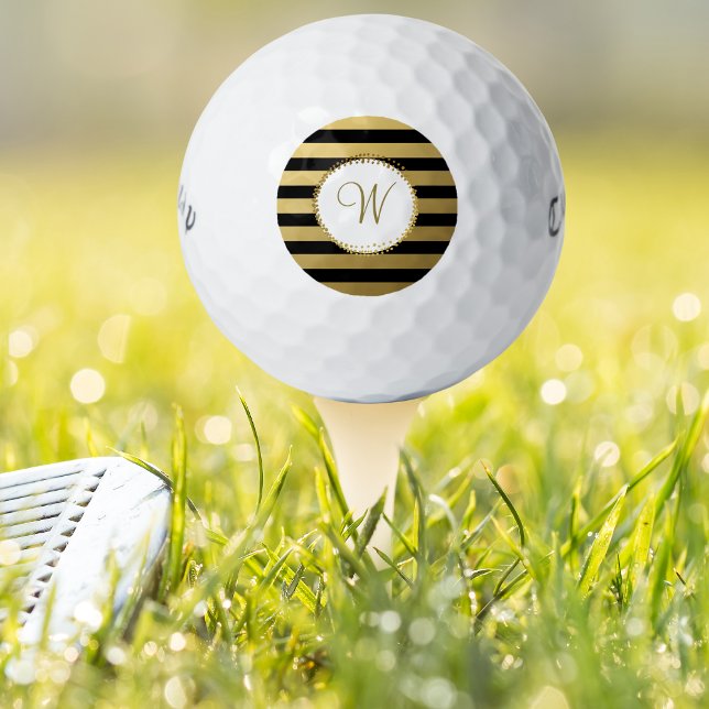 Balles De Golf Monogramme Chic Golf Balls Black Gold Stripe (Créateur téléchargé)