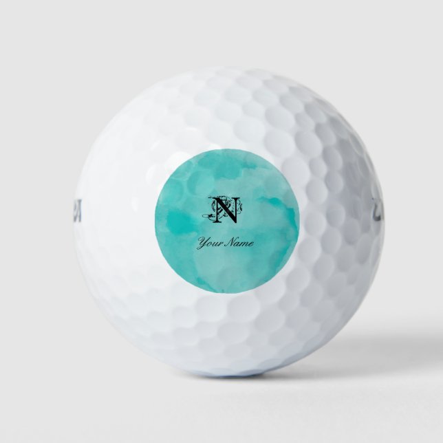 Balles De Golf Monogramme d'aquarelle turquoise Elegante (Devant)