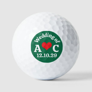 Balles De Golf Monogramme de MARIAGE Cœur Rouge et Fond Vert Fonc