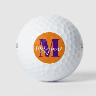 Balles De Golf Monogramme de script orange moderne violet initial