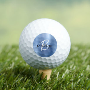 Balles De Golf Monogramme écriture noir blanc Métal brossé bleu