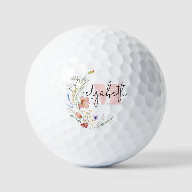 Balles De Golf Monogramme Fleur sauvage aquarelle (Recto)