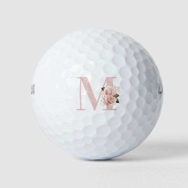 Balles De Golf Monogramme floral pailleté rose pâle girly M (Devant)