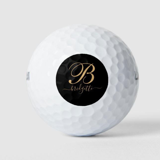 Balles De Golf Monogramme Gold Script sur noir (Devant)