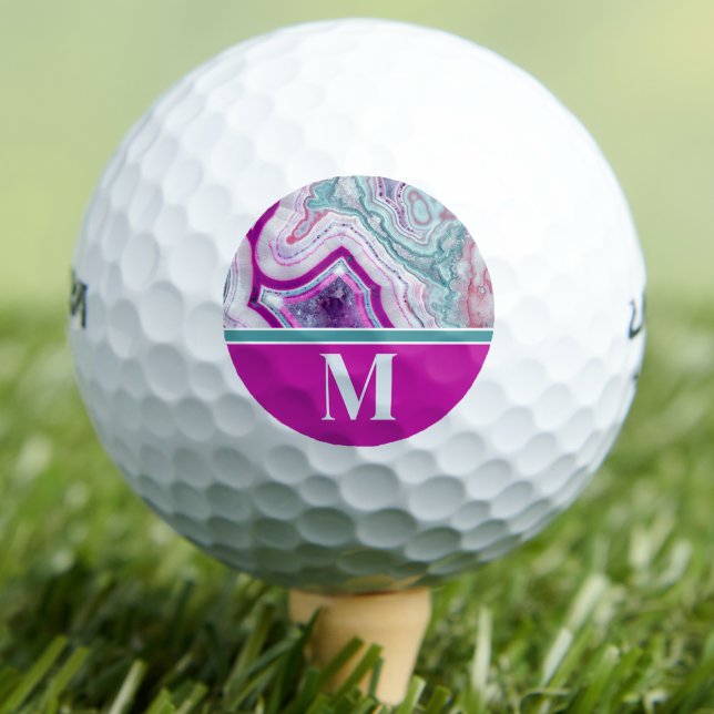 Balles De Golf Monogramme initial moderne et élégant (Modern Turquoise Magenta Stone Initial Monogram Golf Balls)
