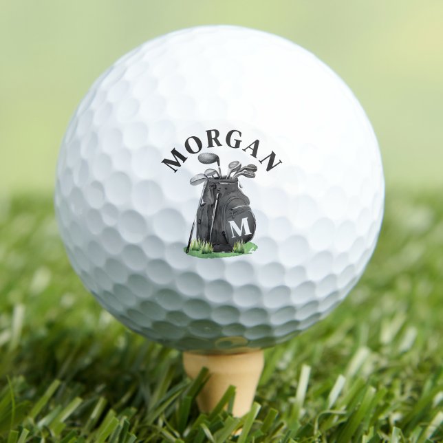 Balles De Golf Monogramme Initial Nom Noir Et Blanc (Black And White Initial Name Monogram Golf Balls)