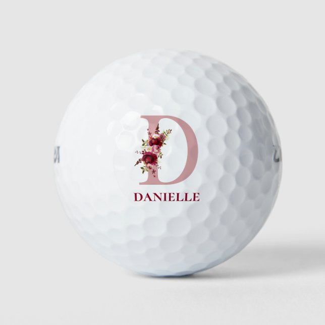 Balles De Golf Monogramme initiale D floral rose carmin (Devant)