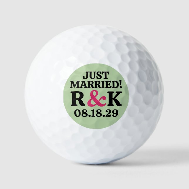 Balles De Golf Monogramme MARIÉS & esperluette rose, fond sauge (Recto)