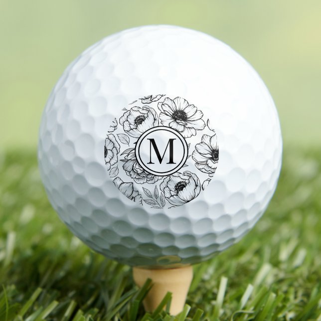 Balles De Golf Monogramme Noir Blanc (Black White Floral Monogram Golf Balls)