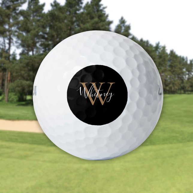 Balles De Golf Monogramme Noir Et Or Moderne Nom Du Script (Modern Black And Gold Monogram Script Name Golf Balls)
