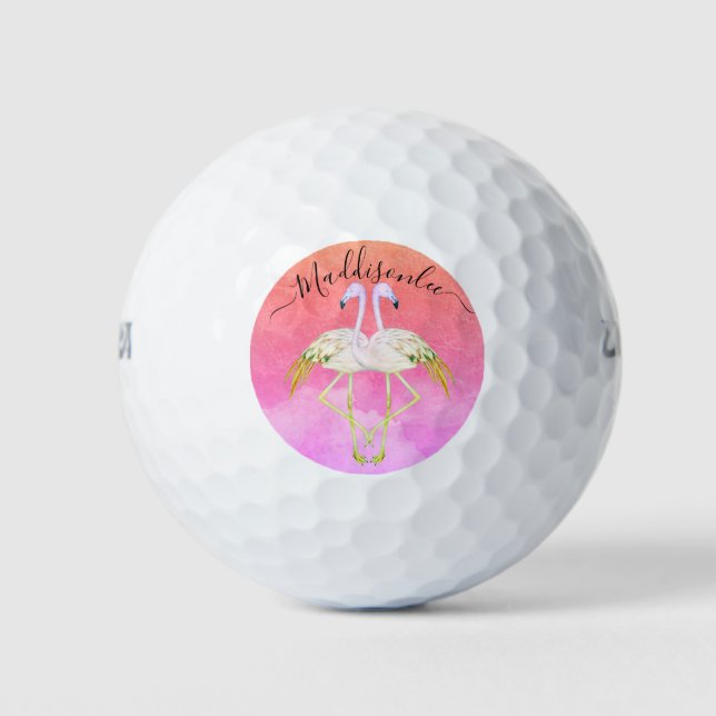 Balles De Golf Monogramme Nom de la pêche Deux Flamants roses ros (Devant)