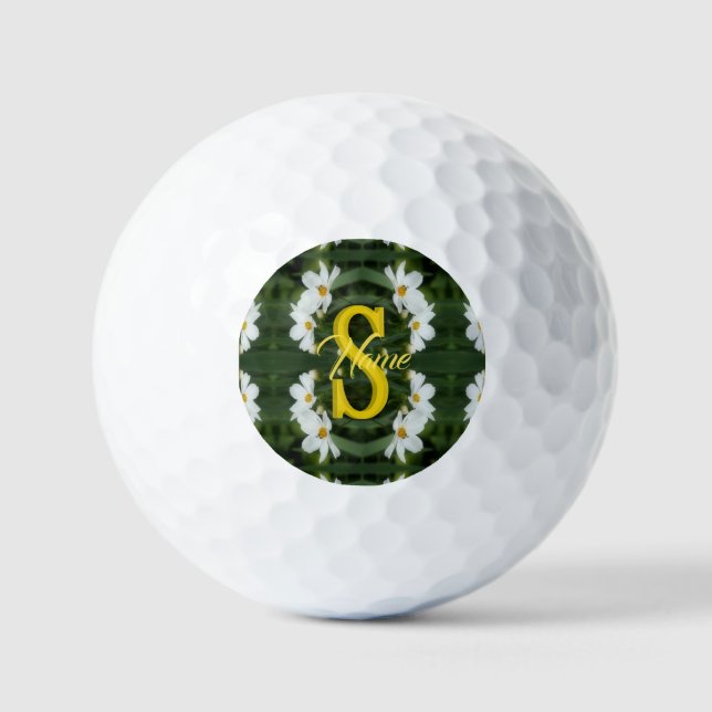 Balles De Golf Monogramme personnalisé initial nom Art Daisy blan (Recto)