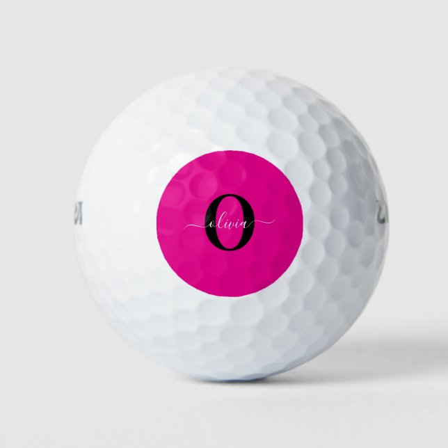 Balles De Golf Monogramme personnalisé Nom du script rose noir bl (Devant)
