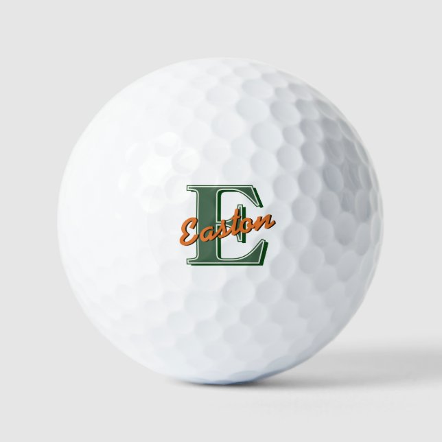 Balles De Golf Monogramme personnalisé Nom Vert foncé et orange (Recto)