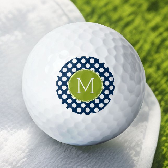 Balles De Golf Monogramme personnalisé Pois bleu marine et vert c (Custom Golf Balls)