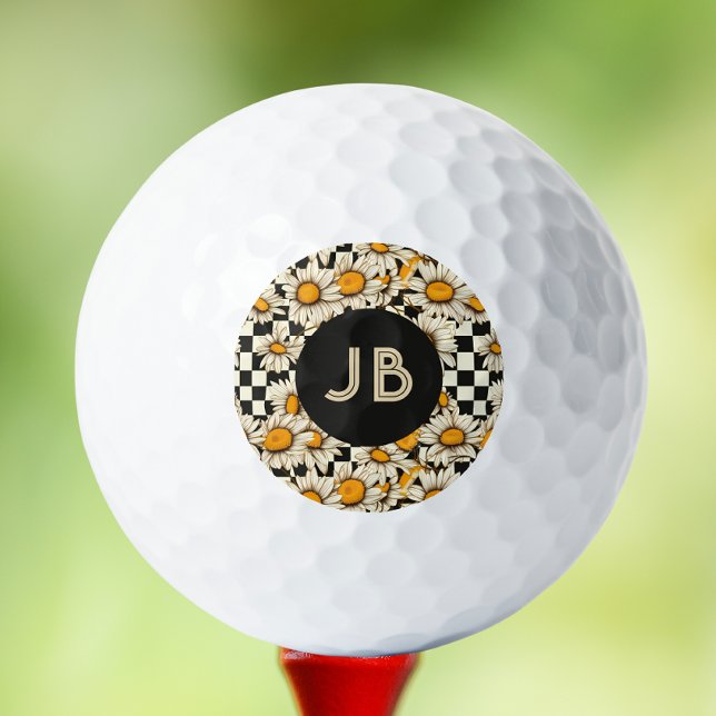 Balles De Golf Monogramme Retro Super Daisy Checkerboard (Créateur téléchargé)
