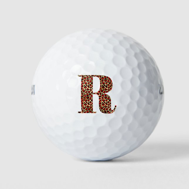 Balles De Golf Monogramme rouge et léopard d'or R (Devant)