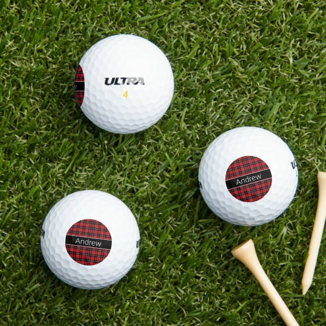 Balles De Golf Monogramme Rouge Noir Blanc Tartan Buffalo Plaid (Herbe in situ)