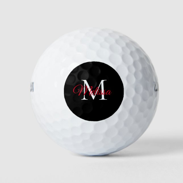 Balles De Golf Monogramme simple moderne noir rouge (Devant)