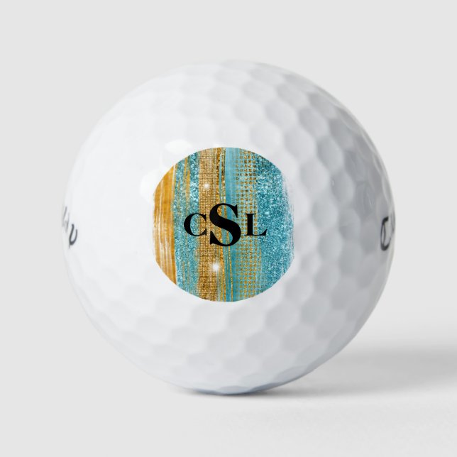 Balles De Golf Monogramme Turquoise Gold Parties scintillant Élég (Devant)