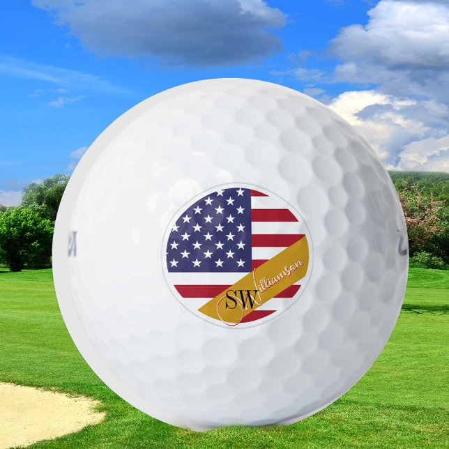 Balles De Golf Monogramme USA Golf & American Flag / Golden (Créateur téléchargé)