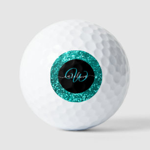 Balles De Golf Nom de parties scintillant turquoise monogramme él