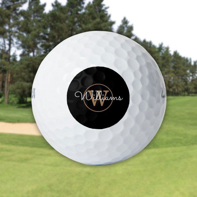 Balles De Golf Nom de script de monogramme personnalisé noir et o (Personalized Monogram Script Name Black And Gold Golf Balls)