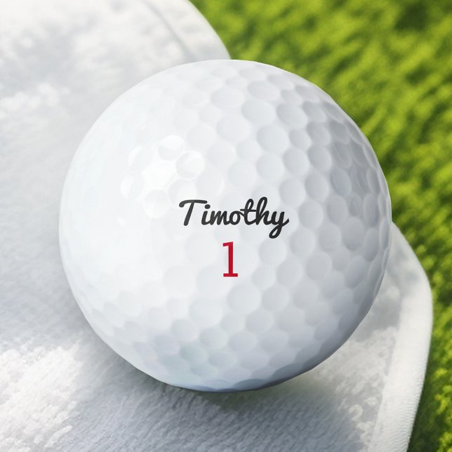 Balles De Golf Nom de script noir traditionnel et numéro rouge (Personalized Golf Ball - add a name and number)
