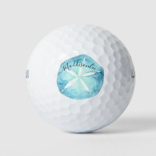 Balles De Golf Nom du monogramme Aquarelle bleue Sable dollar