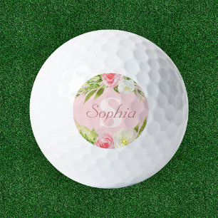Balles De Golf Nom du monogramme Aquarelle rose Floral