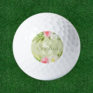Balles De Golf Nom du monogramme Aquarelle rose verte Florale