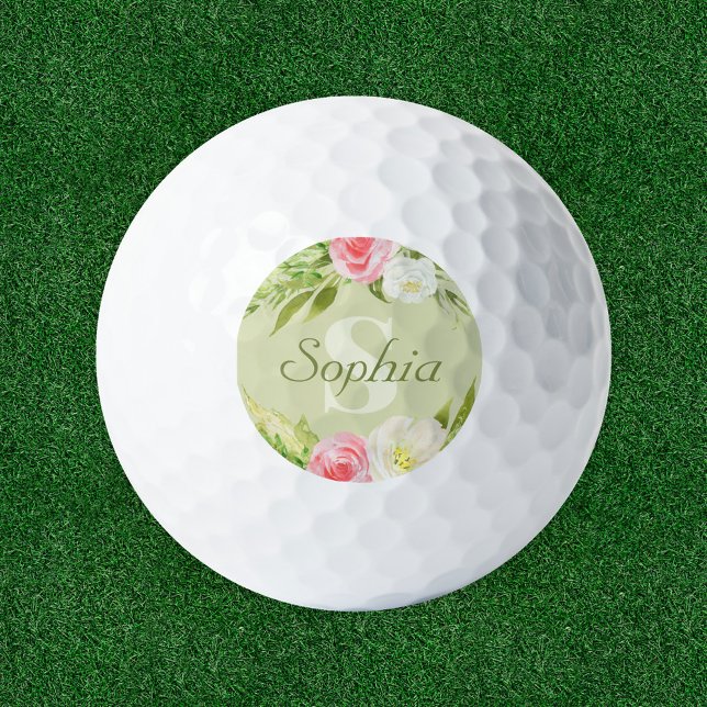 Balles De Golf Nom du monogramme Aquarelle rose verte Florale (Créateur téléchargé)