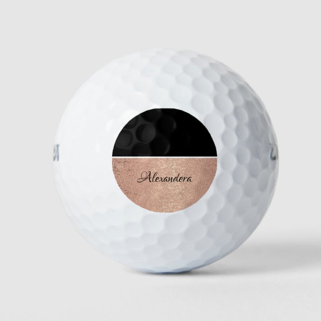 Balles De Golf Nom du monogramme Rose or noir blanc Script (Devant)
