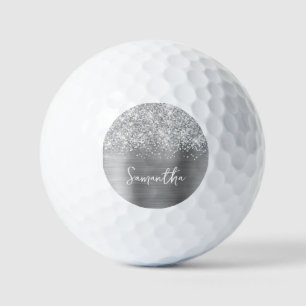 Balles De Golf Nom du script Glittery Silver Glam