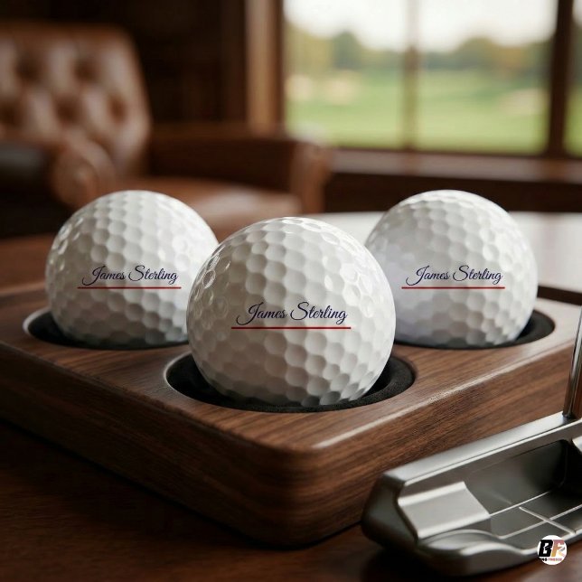 Balles De Golf Nom en écriture classique Navy & ligne rouge perso (Créateur téléchargé)