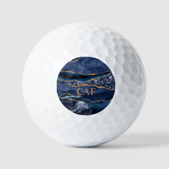 Balles De Golf Nom monogramme Parties scintillant d'or bleu Agate (Recto)