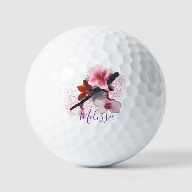 Balles De Golf Nom personnalisé | Élégante fleur de cerise rose (Recto)