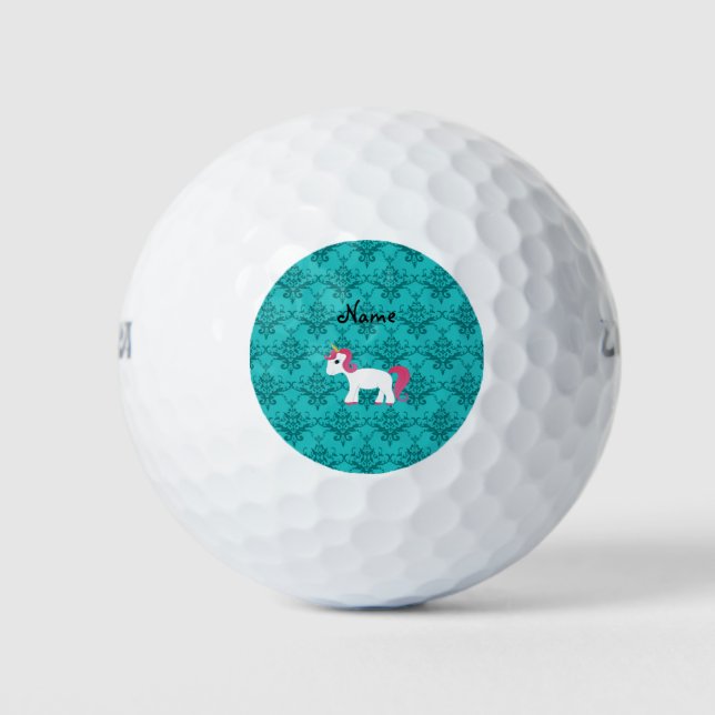 Balles De Golf Nom personnalisé unicorne turquoise damask (Devant)