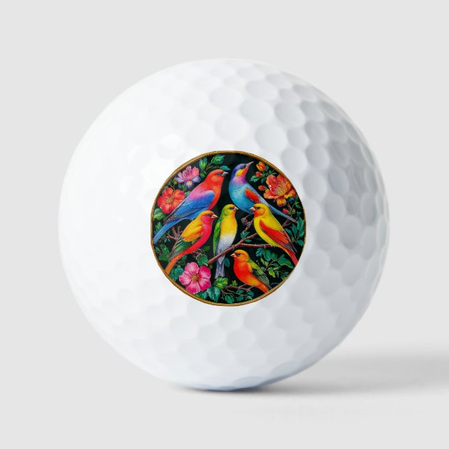 Balles De Golf Oiseaux Vibrants Posés sur des Branches en Fleurs (Recto)