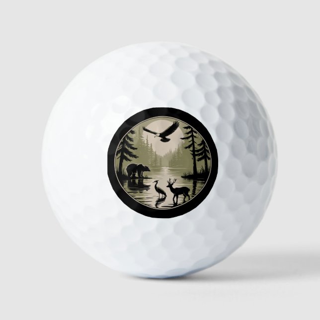Balles De Golf Ours Cerf Aigle Lune Forêt Silhouette (Recto)