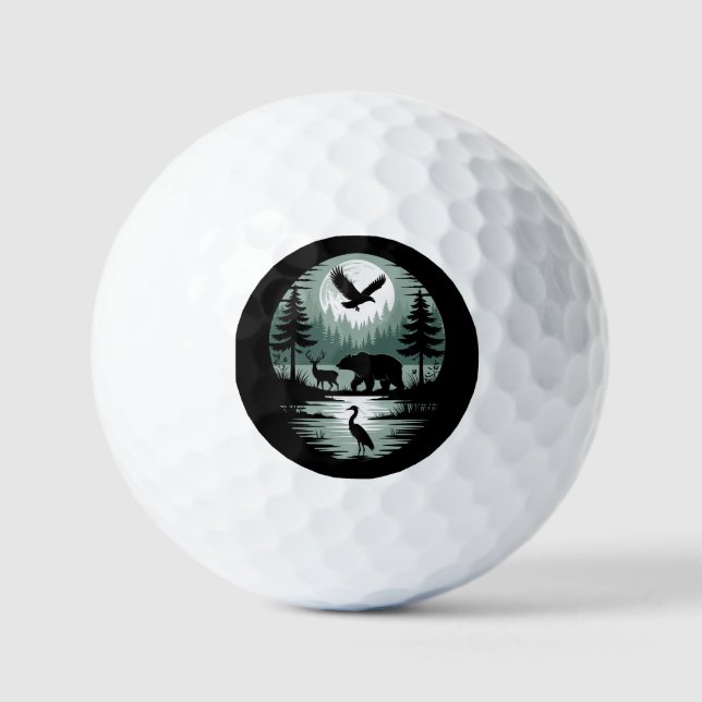 Balles De Golf Ours Cerf Aigle Lune Forêt Silhouette (Recto)