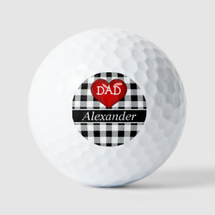 Balles De Golf Papa Monogram Buffalo Plaid Noir blanc rouge coeur