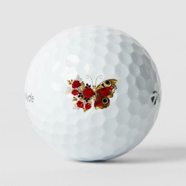 Balles De Golf Papillon de fleurs rouges aux roses rouges (Recto)