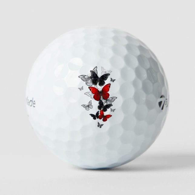 Balles De Golf Papillons Morpho Noirs et Rouges en Vol (Recto)
