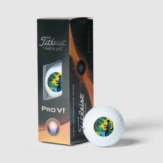 Balles De Golf Pêcheur sur la rive  (Retro Cowboy Fishing Riverside Scene Golf Balls – Golfer Gift Set Mens Sports Novelty Gear)