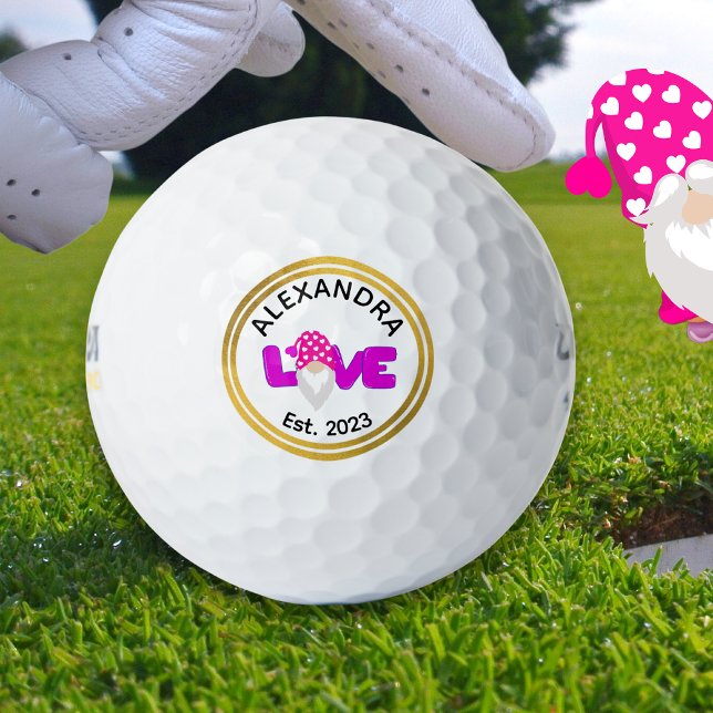 Balles De Golf Personnaliser l'amour Gnome Coeur rose pourpre (Créateur téléchargé)