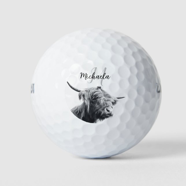 Balles De Golf Portrait de vache Highland premier monogramme noir (Devant)
