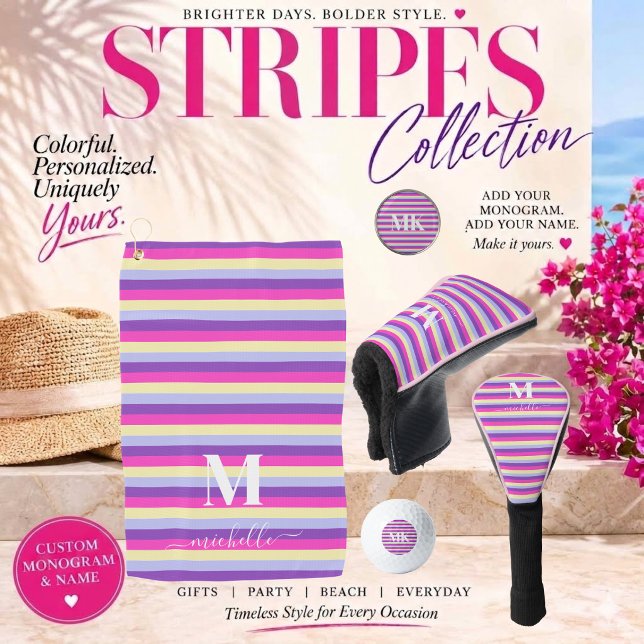 Balles De Golf Rayures Colorées avec Monogramme (stripes collection purple pink yellow and blue monogram and script golf )